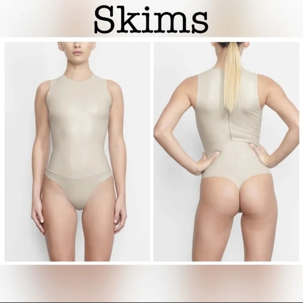 New Skims Faux Leather Shell Long Sleeve Thong Bodysuit Size XL